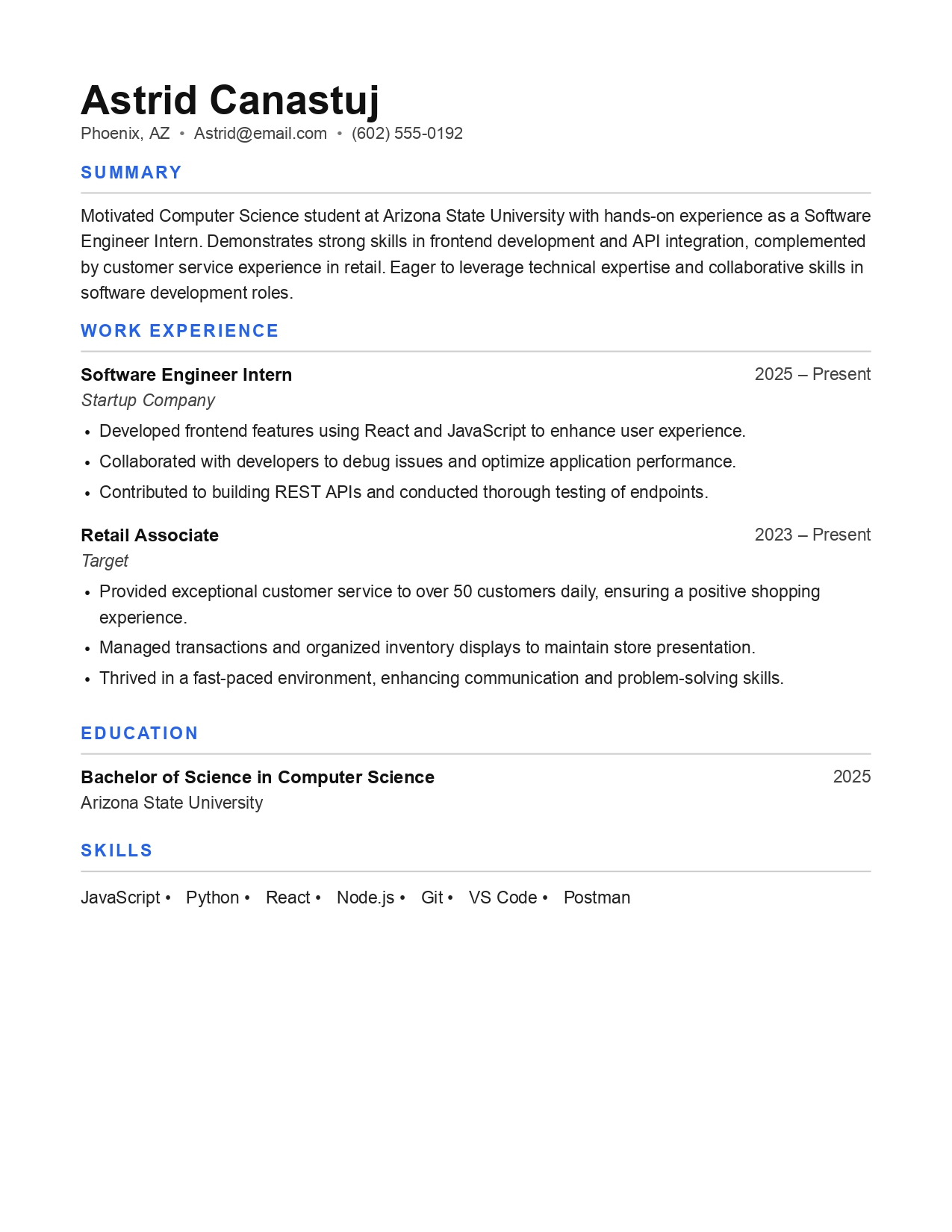 Student Resume Before